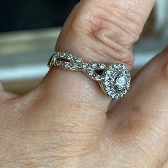 14K WG Crisscross Shank Genuine Diamond Halo Engagement Ring - Picture 3 of 11